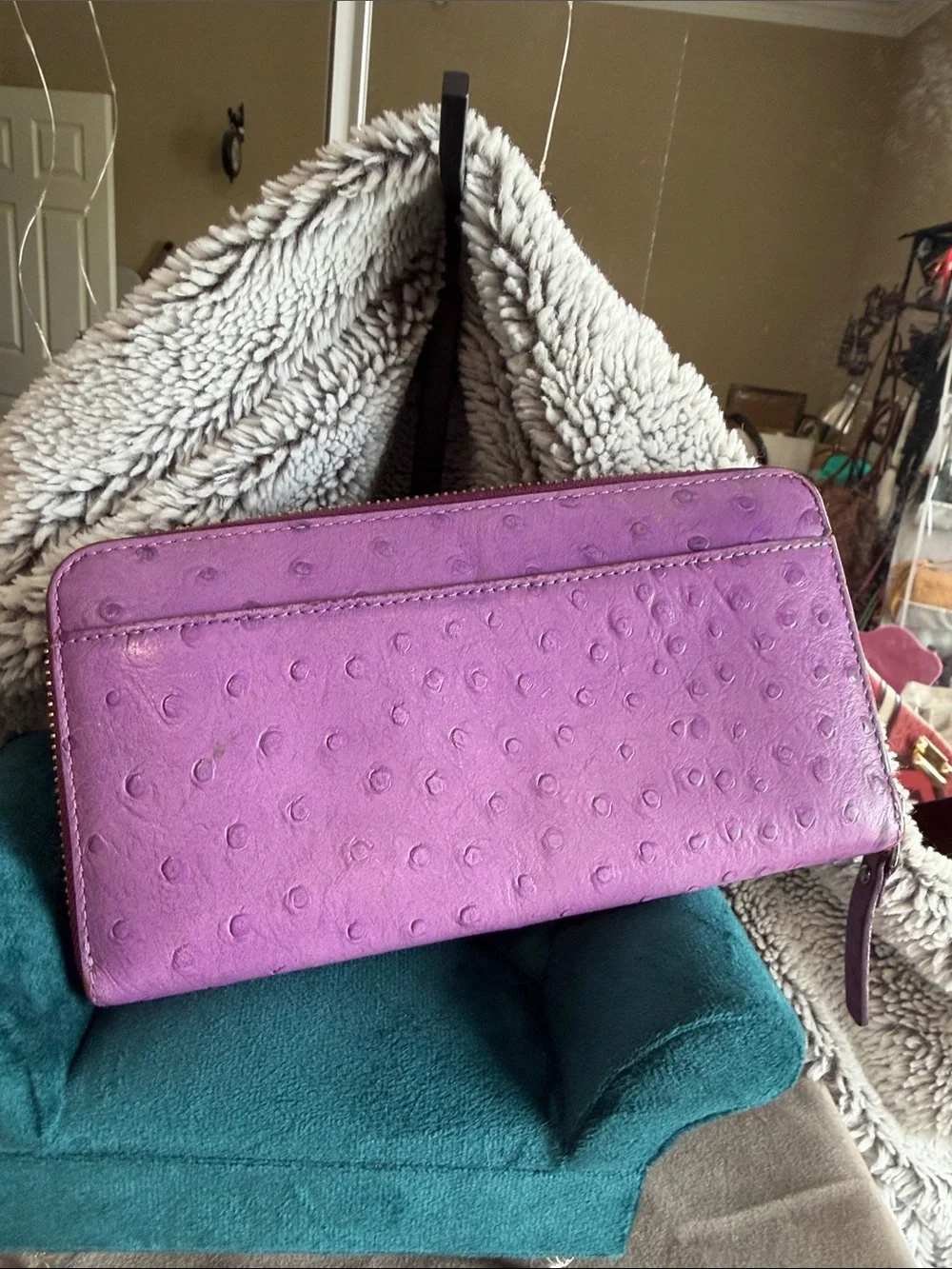 kate spade purple ostrich-embossed zip-around wallet
